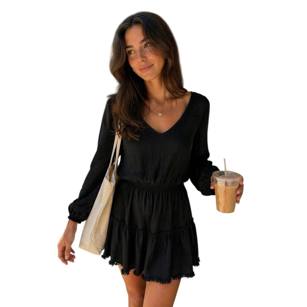 Umgee Womens Black Dress Size L Linen Blend Puff Sleeves Layered Skirt Witchy